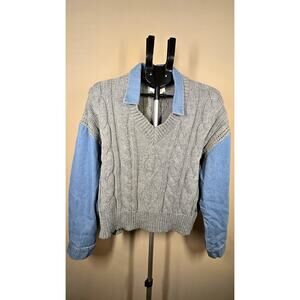 Cocobleu Womens Denim Collar Sweater Long Sleeve Gray/Blue Sz Medium